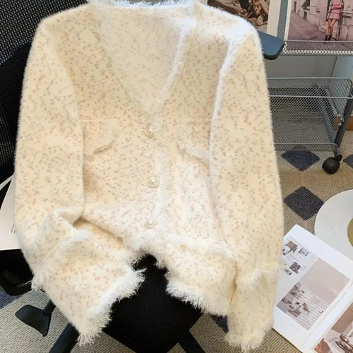 Load image into Gallery viewer, Autumn Winter French White Print V Neck Tassel Elegant Knitted Cardigan Tops Women Single Breasted Long Sleeve Mink Sweater Chic
