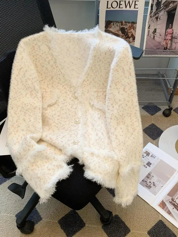 Autumn Winter French White Print V Neck Tassel Elegant Knitted Cardigan Tops Women Single Breasted Long Sleeve Mink Sweater Chic