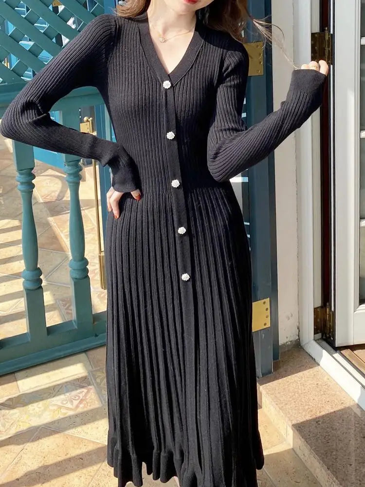 Women Retro White Long Sleeve Dresses Pink V-neck Single Breasted High Waist Ladies Elegant New Black Slim Knitting Dress Korean