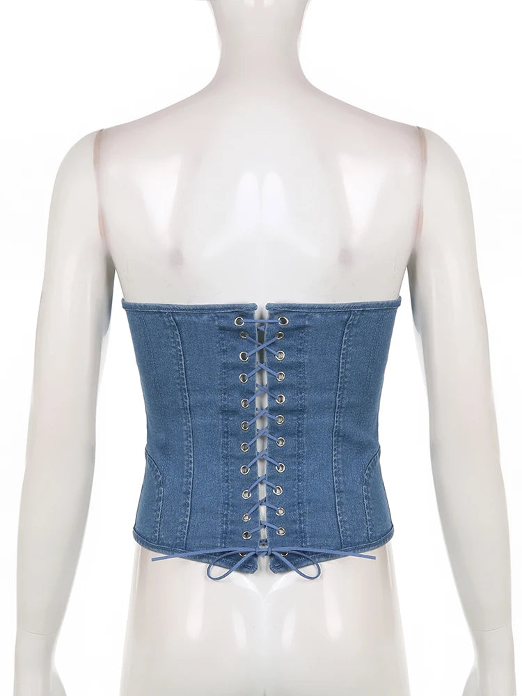 Fashion Elegant Strapless Tube Corset Bustier Tops Hook Lace Up Ladies Party Cummerbunds Crop Top Bandage Club Denim