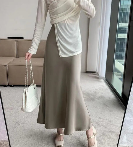 Women Vintage Korean Fashion 2025 Spring Summer New Black Beige Brown High Waist Vacation Wrapped Hip Fishtail Long Skirt Simple