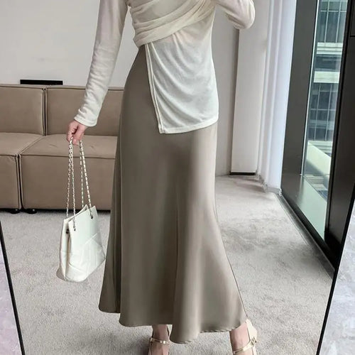 Load image into Gallery viewer, Women Vintage Korean Fashion 2025 Spring Summer New Black Beige Brown High Waist Vacation Wrapped Hip Fishtail Long Skirt Simple
