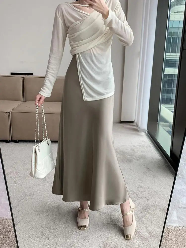 Women Vintage Korean Fashion 2025 Spring Summer New Black Beige Brown High Waist Vacation Wrapped Hip Fishtail Long Skirt Simple