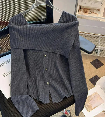 Autumn Winter Korean Black Square Neck Long Sleeve Versatile Sweater Women Red Single Breasted Short Knitted Tops Popular Simple