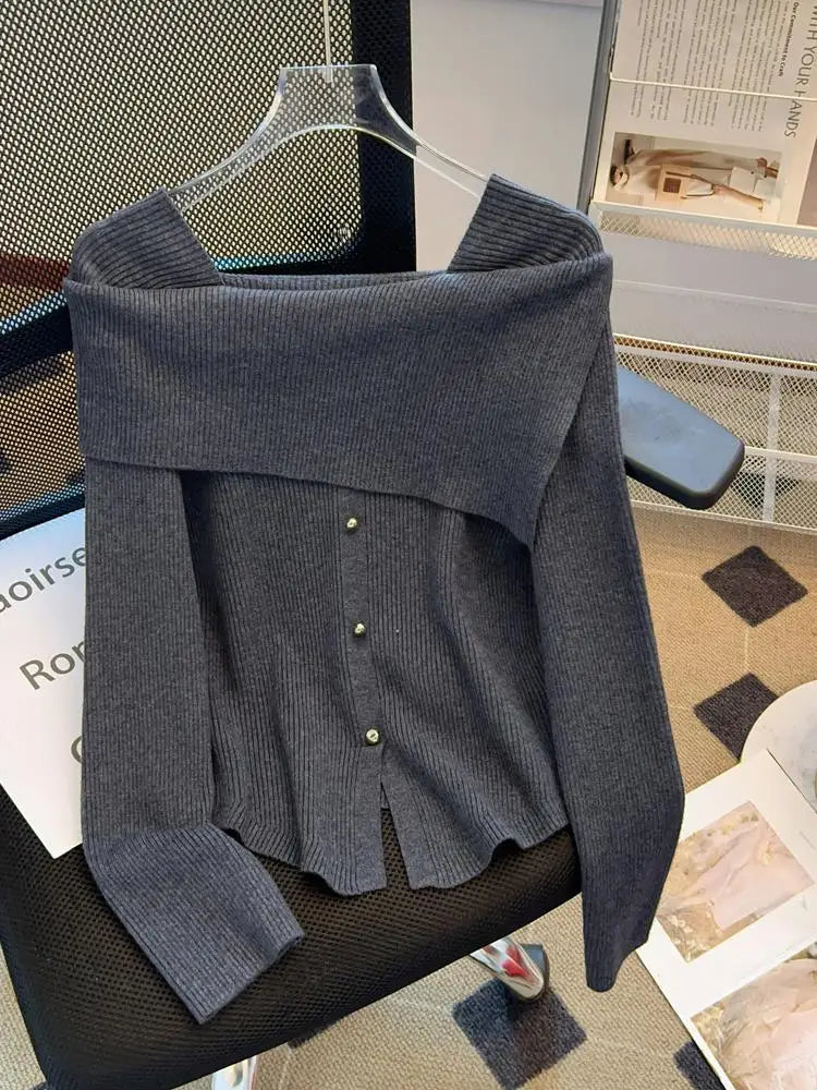 Autumn Winter Korean Black Square Neck Long Sleeve Versatile Sweater Women Red Single Breasted Short Knitted Tops Popular Simple