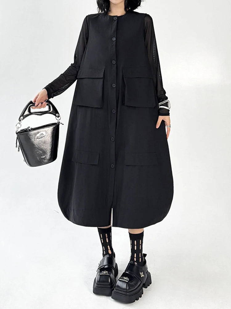 Women Black Pockets Big Size Casual Midi Vest Dress New Round Neck Sleeveless Fashion Tide Spring Autumn 2025 1DJ1167