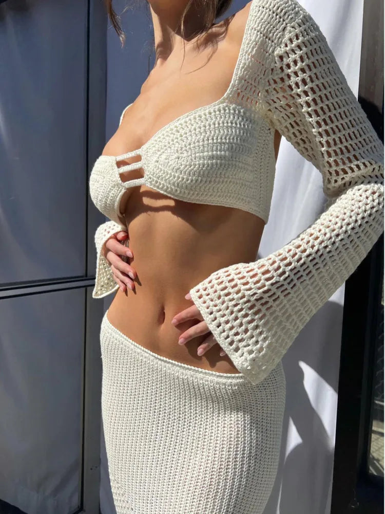 Sexy Lace Up Long Sleeve Casual Knitted Long Dress Set Women's Square Neck Top Long Dress Two Piece Beach Party Set