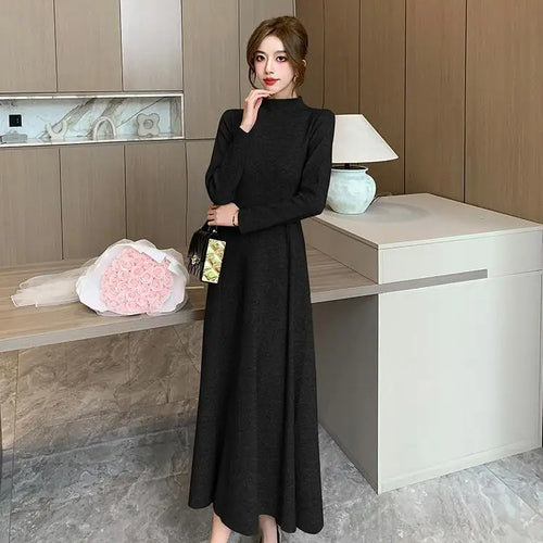 Load image into Gallery viewer, Solid Knitted Sweater Dresses For Women Party Clothing Half Turtleneck Autumn Winter 2023 A-line Warm Long Dress Vintage Casual

