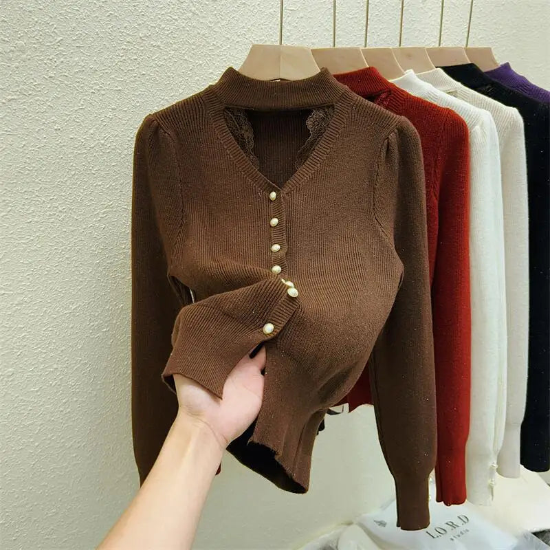 Autumn Winter Solid Lace Hollow Out Single Breasted Velvet Sweater Korean Fashion Women Warm Knitwear Long Sleeve Pullovers Tops