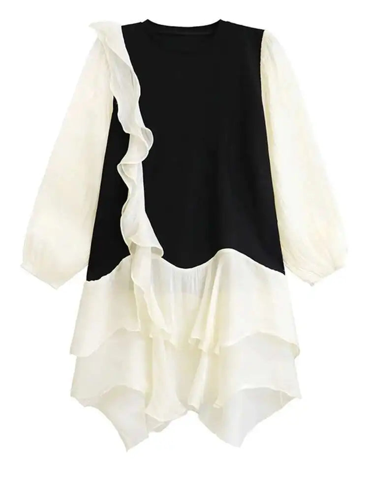 Women Black Ruffles Color-block Big Size Knee-Length Dress New Round Neck Long Sleeve Fashion Spring Autumn 2025 1DH7239
