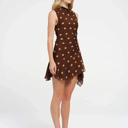 Load image into Gallery viewer, Sleeveless Polka Dot Dress For Woman Fashion Brown Print Mesh O Neck Ruched Mini Dress Elegant Irregular Dresses
