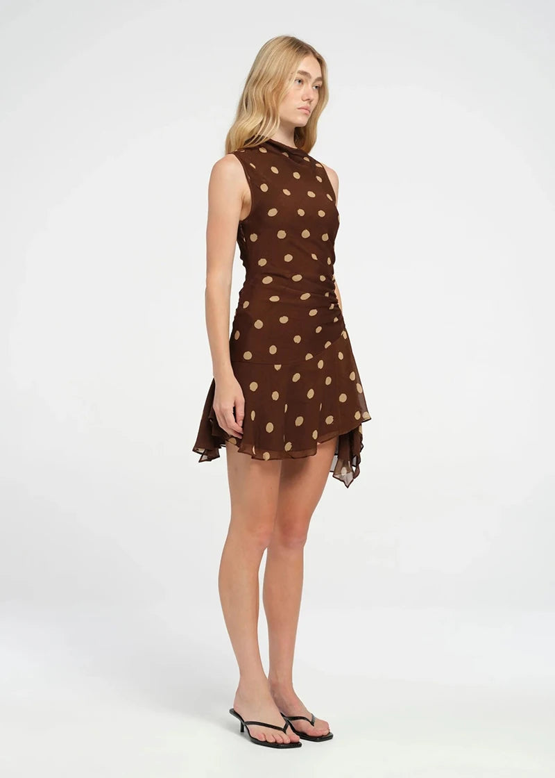 Sleeveless Polka Dot Dress For Woman Fashion Brown Print Mesh O Neck Ruched Mini Dress Elegant Irregular Dresses