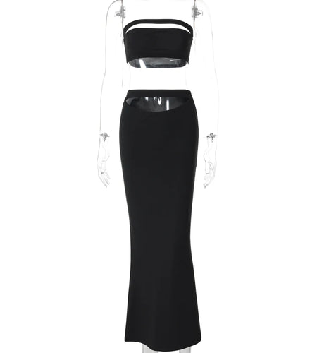 2 Piece Sets Black Strapless Hollow Out Sexy Slim Crop Tank Top Maxi Skirt Summer Outfit Festival Vacation Party