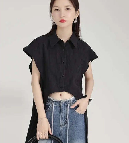 Women White Back Long Irregular Hem Big Size Blouse New Lapel Short Sleeve Shirt Fashion Tide Spring Summer 2025 1DH5972