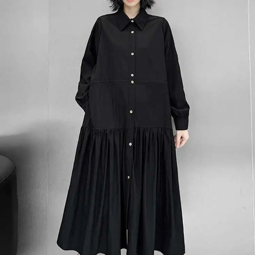 Load image into Gallery viewer, Women Black Big Size Elegant Shirt Dress Brief Pleated Hem New Lapel Long Sleeve Fashion Tide Spring Autumn 2025 1DH9327
