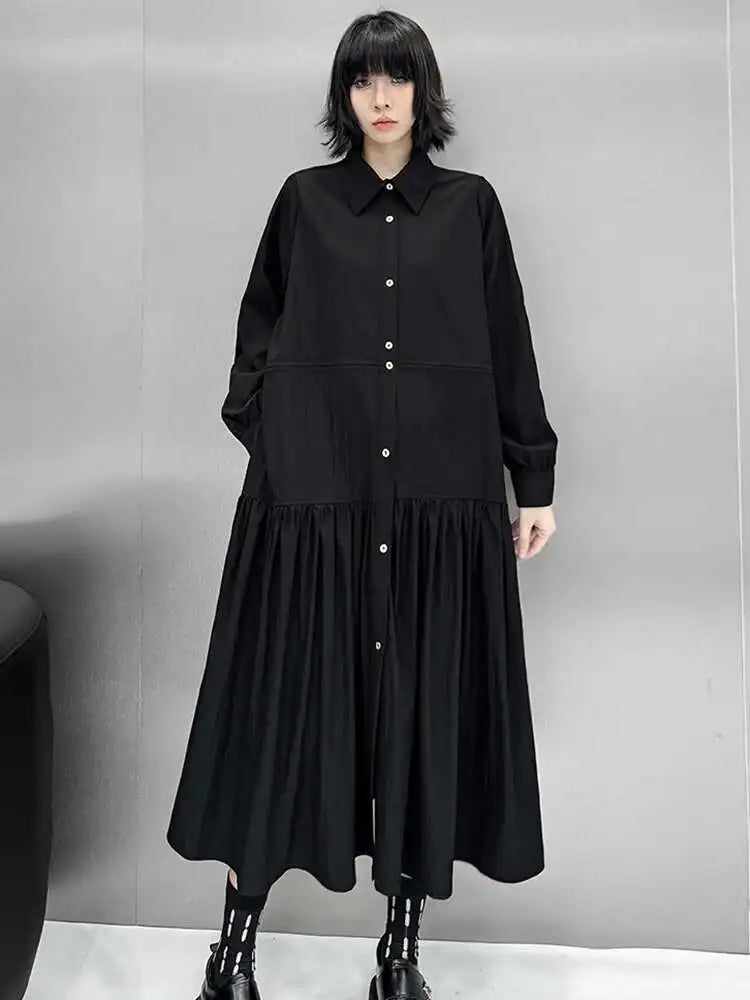 Women Black Big Size Elegant Shirt Dress Brief Pleated Hem New Lapel Long Sleeve Fashion Tide Spring Autumn 2025 1DH9327
