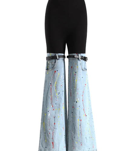 High Waist Blue Denim Color-block Buckle Long  Wide Leg Jeans New Women Trousers Fashion Tide Spring Autumn 2025 7AB4525