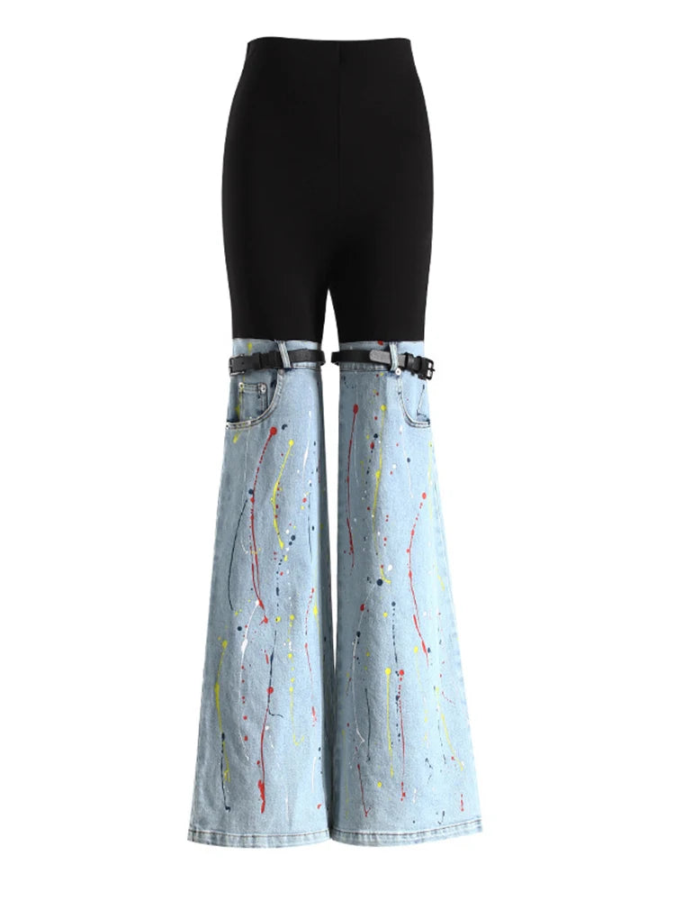 High Waist Blue Denim Color-block Buckle Long  Wide Leg Jeans New Women Trousers Fashion Tide Spring Autumn 2025 7AB4525