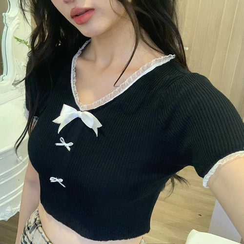 Load image into Gallery viewer, Japanese Y2K Bow Korean Summer T shirt Women Ruched Spliced Harajuku Sweet Cute Cropped Tops Slim Cottagecore Clothes
