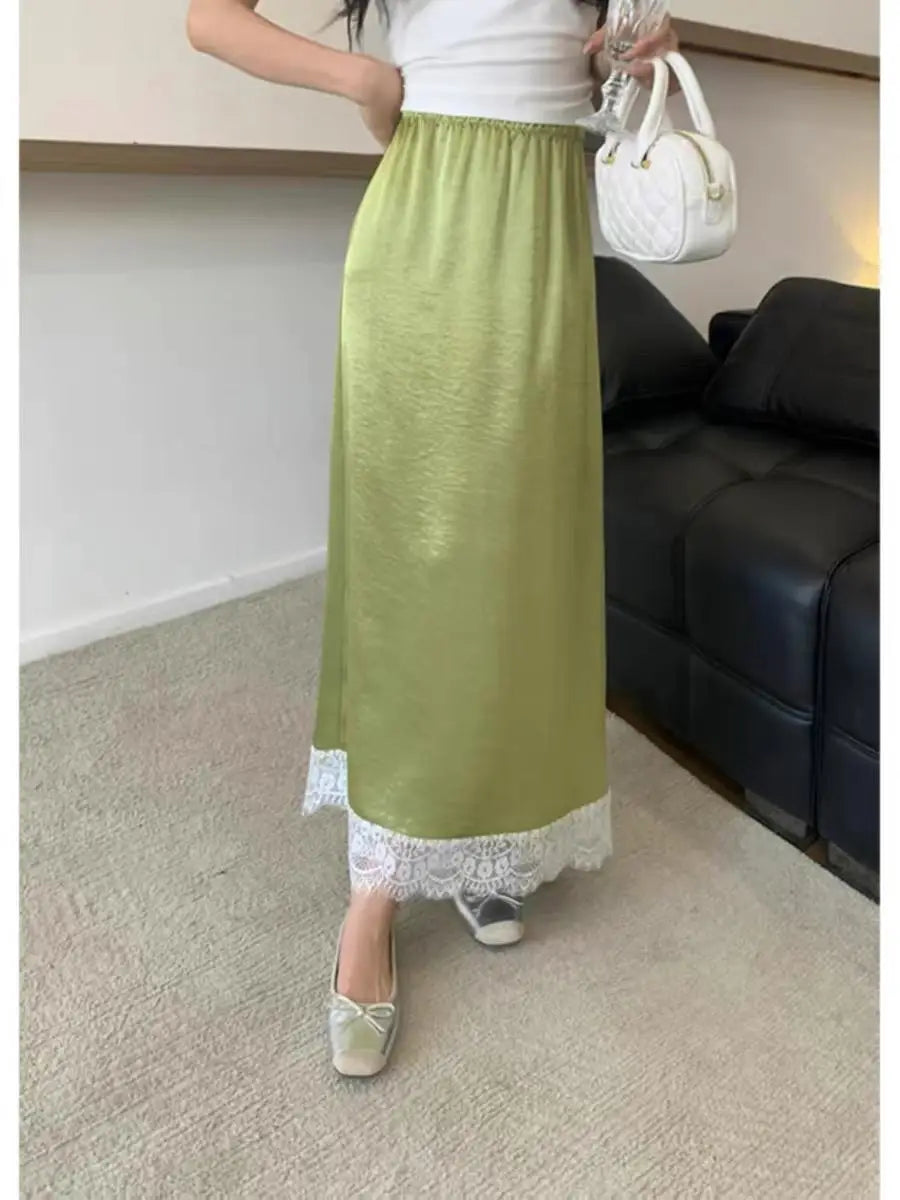 Spring Summer Women Patchwork Lace Elegant Long Skirt Korean Version High Waist Temperament Vacation Pleated Half Skirt Clothing