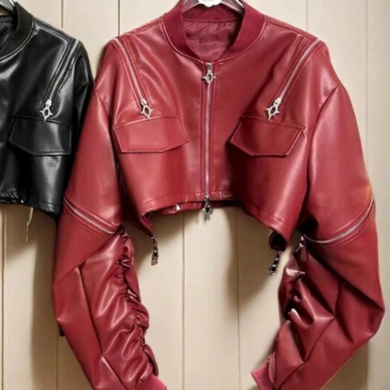 2025 Y2k Aesthetic PU Leather Jacket Womens Streetwear Pleated Grunge Solid Jackets Loose Harajuku Zipper Female Punk Crop Coat