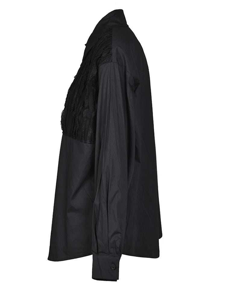 Women White Lace Pleated Big Size Blouse New Lapel Long Sleeve Loose Fit Shirt Fashion Spring Autumn 2025 1DF426001