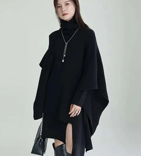 Women Gray Irregular Design Knitting Dress New Turtleneck Long Sleeve Loose Fit Fashion Tide Spring Autumn 2025 1DF2618