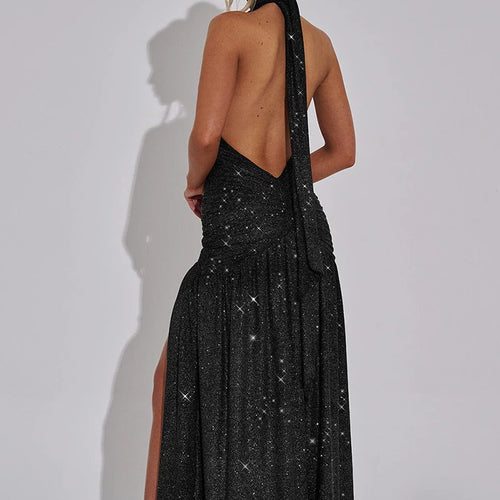 Load image into Gallery viewer, Glitter Deep V Neck Sexy Maxi Dress For Women 2025 Fashion Sparkle Halter Sleeveless Backless Split Club Long Dress
