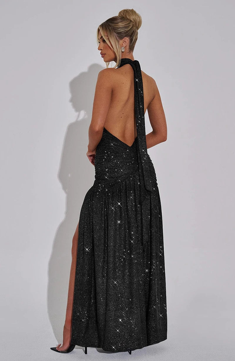 Glitter Deep V Neck Sexy Maxi Dress For Women 2025 Fashion Sparkle Halter Sleeveless Backless Split Club Long Dress