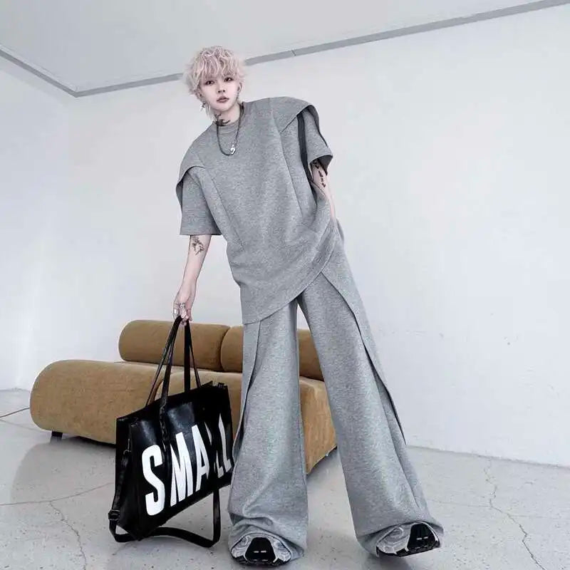 Men's Pants Set New  Summer Solid Color Splicing Short Sleeve Sweatshirt Straight Leg Trendy  Casual Pants Menwear 9W1797