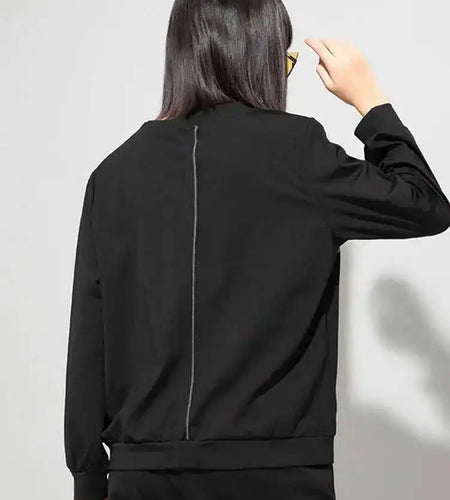 Women Black Topstitched Big Size Casual T-shirt New Round Neck Long Sleeve Fashion Tide Spring Autumn 2025 1DE4952