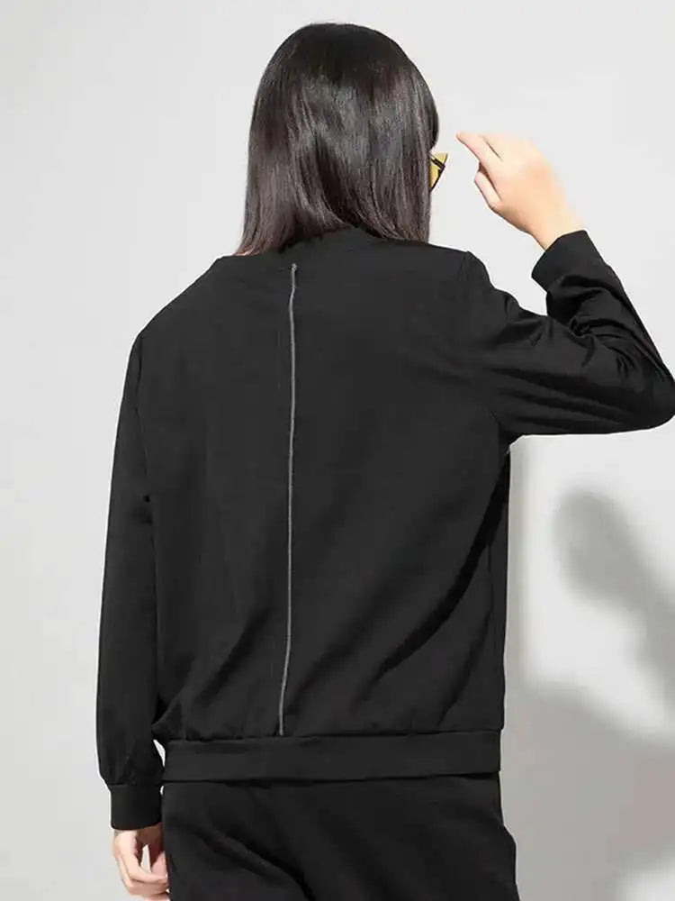 Women Black Topstitched Big Size Casual T-shirt New Round Neck Long Sleeve Fashion Tide Spring Autumn 2025 1DE4952