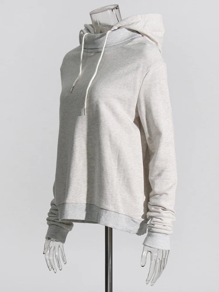 Minimalist Pullover Sweatshirts For Women Hodded Long Sleeve Patchwork Drawstring Loose Sweatshirt Female Autumn