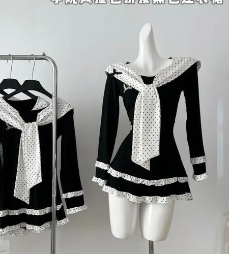 Vintage Women Autumn Sweet Black Dot Patchwork Long Sleeved Short Dress French Elegant College Style Ruffles Fashion Mini Dress