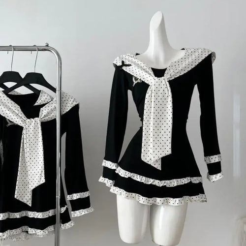 Load image into Gallery viewer, Vintage Women Autumn Sweet Black Dot Patchwork Long Sleeved Short Dress French Elegant College Style Ruffles Fashion Mini Dress
