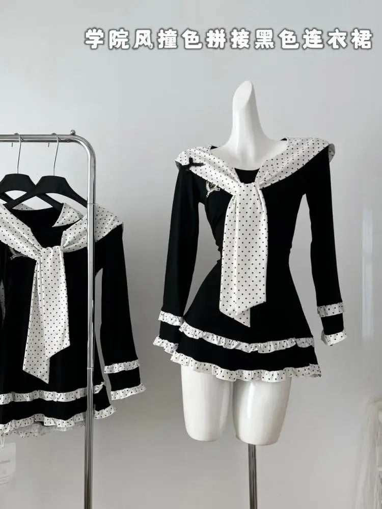 Vintage Women Autumn Sweet Black Dot Patchwork Long Sleeved Short Dress French Elegant College Style Ruffles Fashion Mini Dress