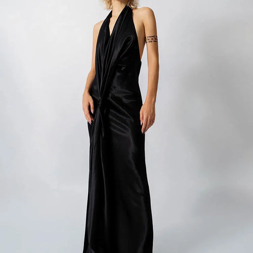 Load image into Gallery viewer, Satin Deep V Neck Backless Sexy Maxi Dress Women Elegant Halter Sleeveless Lace-up High Waist Draped Ruched Long Dress
