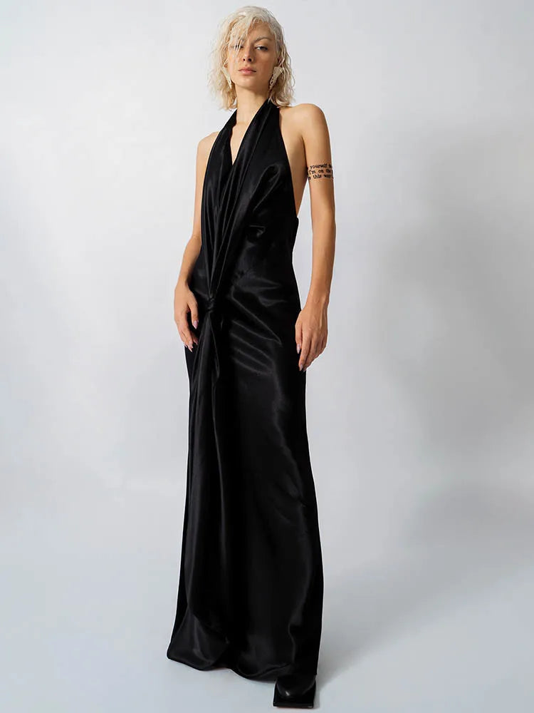 Satin Deep V Neck Backless Sexy Maxi Dress Women Elegant Halter Sleeveless Lace-up High Waist Draped Ruched Long Dress