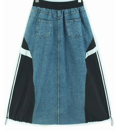 High Elastic Waist Black Denim Color-block Drawstring A-line Half-body Skirt Women Fashion New Spring Autumn 2025 1DH8432