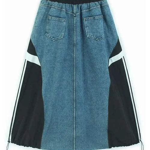 Load image into Gallery viewer, High Elastic Waist Black Denim Color-block Drawstring A-line Half-body Skirt Women Fashion New Spring Autumn 2025 1DH8432

