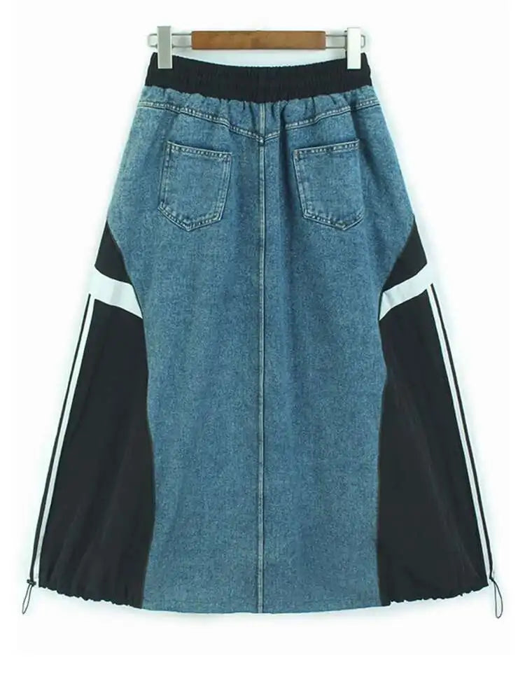 High Elastic Waist Black Denim Color-block Drawstring A-line Half-body Skirt Women Fashion New Spring Autumn 2025 1DH8432