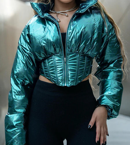 Streetwear Bright Stitched Corset Parka Coat Turtleneck Zip-Up Winter Jacket Female Fashion Party Autumn Overcoat New