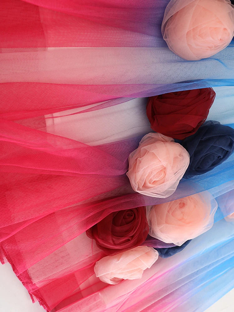 High Elastic Waist Blue 3D Flower Gradual Color Mesh A-line Half-body Skirt Women Fashion New Spring Autumn 2025  1DJ1259