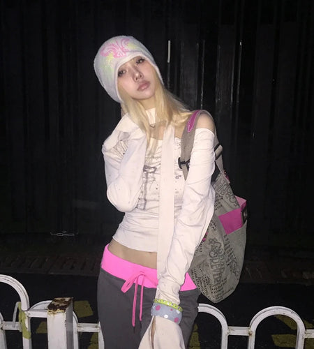 Japanese Y2k Off Shoulder Tops With Scarf Trashy 2000s Style Graffiti Print T-shirt Vintage Harajuku Flare Sleeve Tops