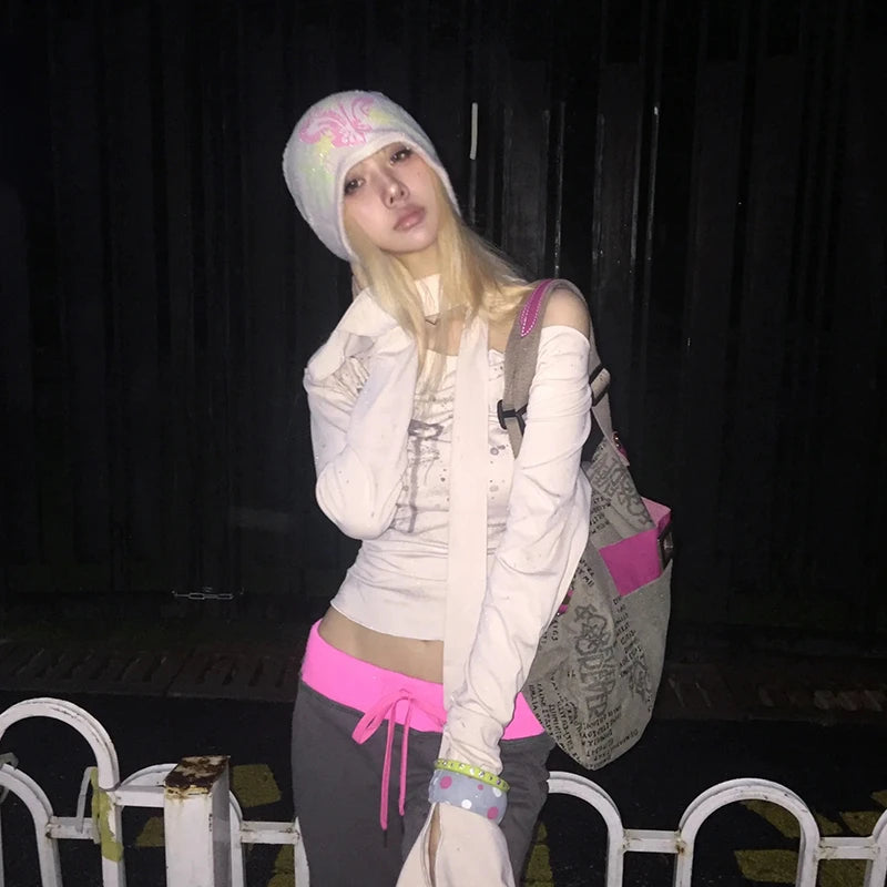 Japanese Y2k Off Shoulder Tops With Scarf Trashy 2000s Style Graffiti Print T-shirt Vintage Harajuku Flare Sleeve Tops