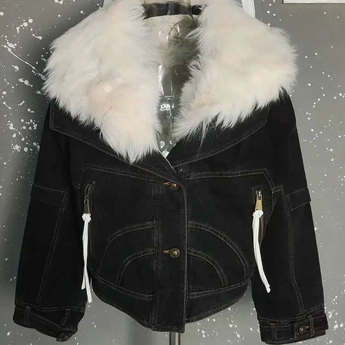 Load image into Gallery viewer, Blue Denim Cotton-padded Big Size Warm Jacket New Fur Lapel Long Sleeve Women Coat Fashion Autumn Winter 2025 CPG2442
