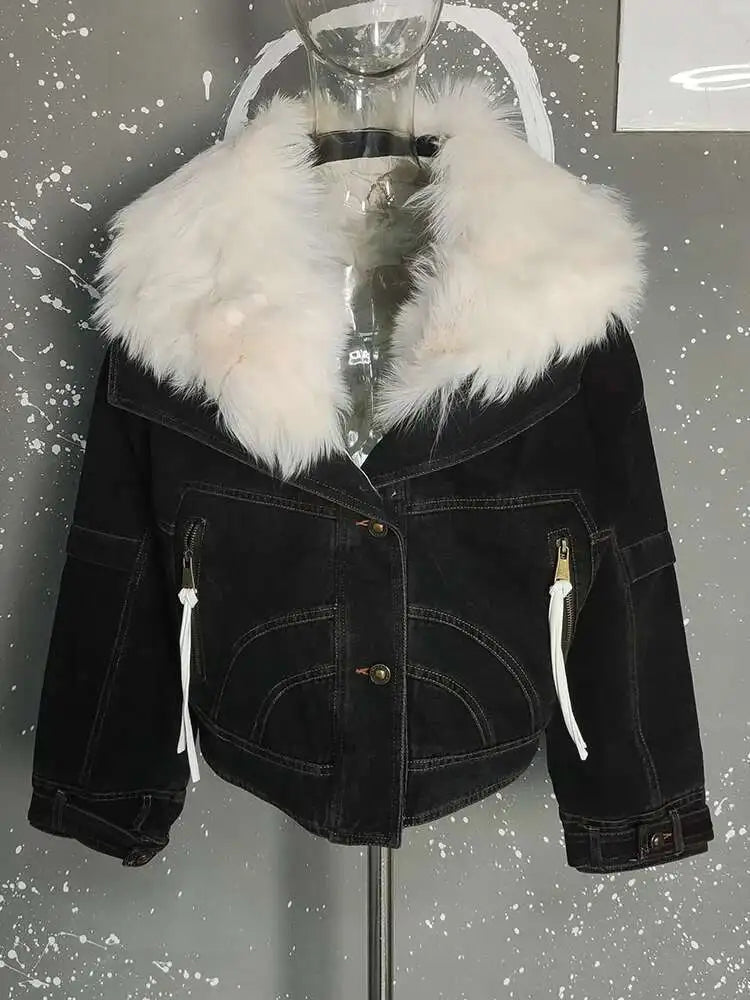Blue Denim Cotton-padded Big Size Warm Jacket New Fur Lapel Long Sleeve Women Coat Fashion Autumn Winter 2025 CPG2442