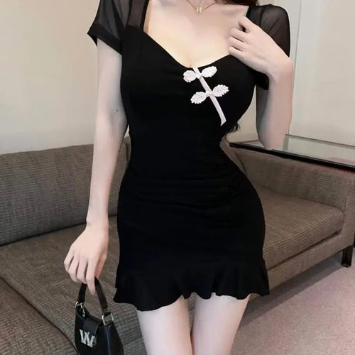 Load image into Gallery viewer, Vintage Summer Chinese Style Black Elegant Sexy Club Party Mini Dress Women Square Collar Short Sleeve Backless Slim Short Dress
