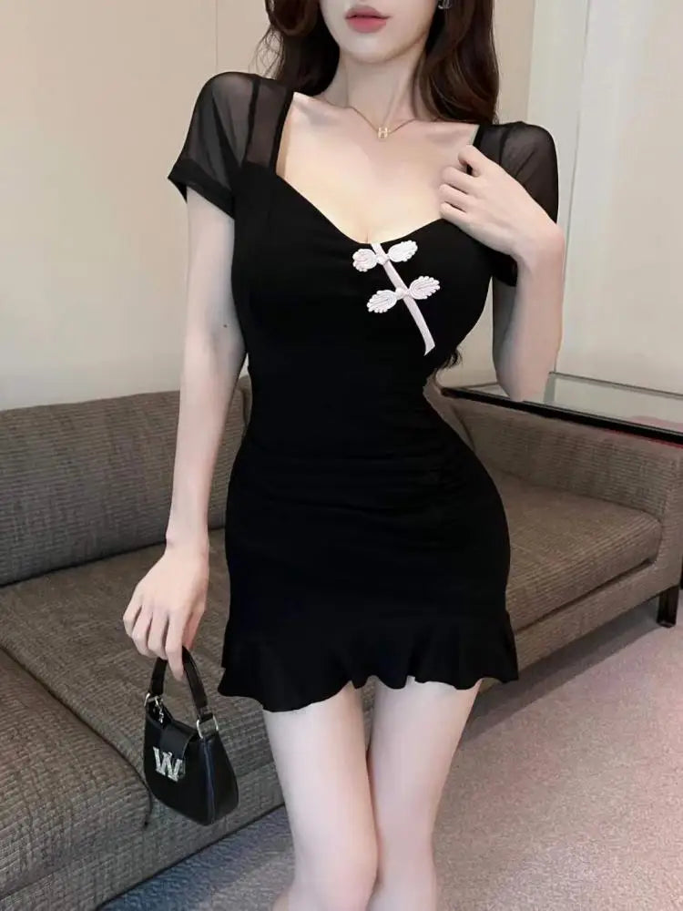 Vintage Summer Chinese Style Black Elegant Sexy Club Party Mini Dress Women Square Collar Short Sleeve Backless Slim Short Dress