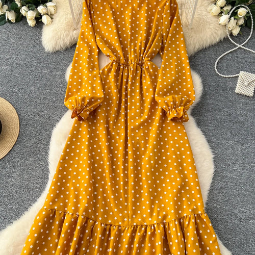 Load image into Gallery viewer, Vintage Elegant Women Yellow Dot Vacation Pleated Dress 2025 Autumn Fashion V-neck High Waist A-line Long Sleeve Party Dress New

